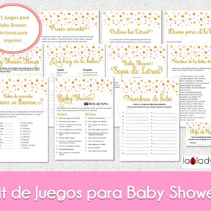 Baby shower Juegos para imprimir. Pink and gold. 11 juegos. Baby shower games in Spanish. Kit Juegos baby shower color rosa y dorado. PDF.