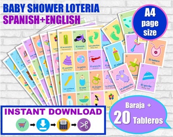 Baby shower Loteria Ingles y Español. Juego para baby shower. PDF para imprimir. Baby shower bingo. English and Spanish. Instant download