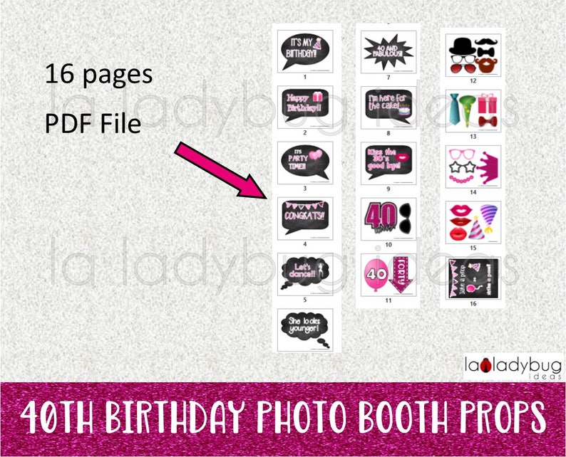 40th Birthday photo booth props. Printable. DIY Forty birthday party props for pictures. Instant download. PDF Digital file. High resolution image 3