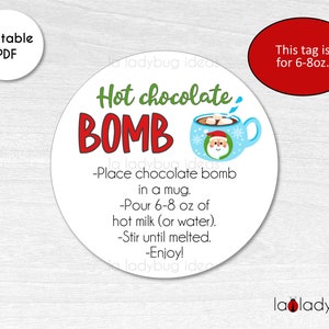 Hot Chocolate Bomb tags 8-10oz. Hot cocoa bomb instructions card. Printable tags for hot chocolate bombs. Instant download. Round label.