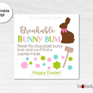 Breakable chocolate rabbit tag. Breakable bunny custom tag. Printable tags for breakable chocolate rabbit. Breakable Easter rabbit chocolate
