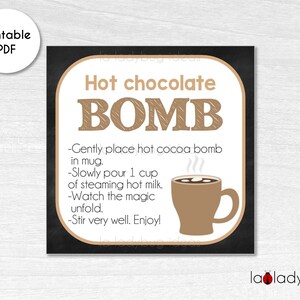 Hot cocoa bomb instructions card 10 to 12 oz. Printable tags for hot chocolate bombs. Instant download. Square label. Hot Chocolate Bomb tag
