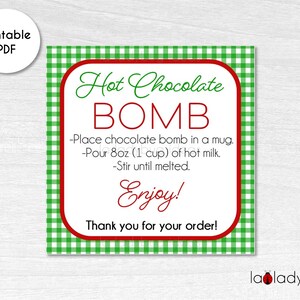 Hot Chocolate Bomb tag. Hot cocoa bomb instructions card. Printable tags for hot chocolate bombs. Instant download. Square label for cocoa.