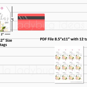 Puede incluir: Etiquetas de regalo imprimibles para el D&iacute;a de la Madre con un dise&ntilde;o floral. Las etiquetas miden 3 pulgadas por 2 pulgadas y vienen en un archivo PDF de 8,5 pulgadas por 11 pulgadas. Las etiquetas muestran el texto "Feliz D&iacute;a de la Madre" en una fuente gris clara.