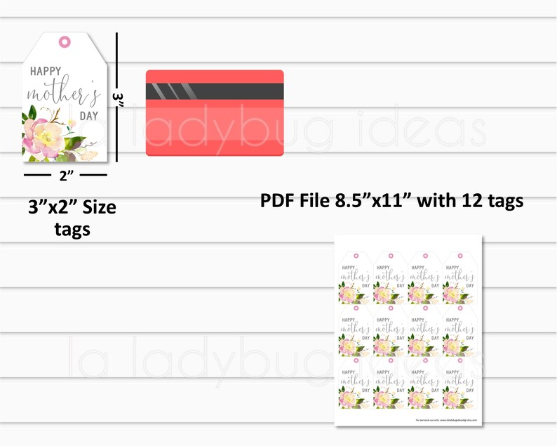 Puede incluir: Etiquetas de regalo imprimibles para el D&iacute;a de la Madre con un dise&ntilde;o floral. Las etiquetas miden 3 pulgadas por 2 pulgadas y vienen en un archivo PDF de 8,5 pulgadas por 11 pulgadas. Las etiquetas muestran el texto "Feliz D&iacute;a de la Madre" en una fuente gris clara.