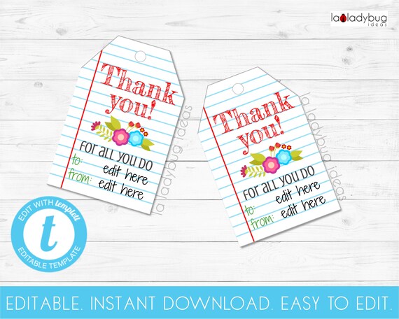 Editable Thank You Teacher Tags. Printable Gift Tags for | Etsy