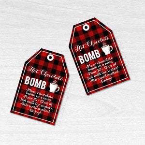 Hot cocoa bomb Tags  for 10 to 12oz. Hot chocolate bomb instructions card. Printable PDF. Instant Download. Hot cocoa tags with instructions