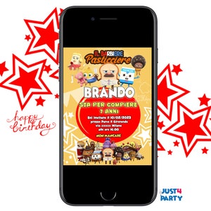 May include: A yellow and orange birthday invitation for a boy named Brando. The invitation features a cartoon character from the show "Il Barbiere Pasticciere" and says "Sta per compiere 7 anni" which translates to "He is about to turn 7 years old". The invitation also includes the date, time, and location of the party.