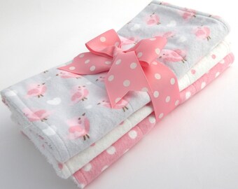 Baby Burp Cloth Set - Set of 3 - Baby Girl - Pink, Gray, White Bird and Heart Print, White & Pink Dot, Pink Polka Dot - White Terrycloth