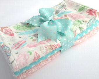 Baby Burp Cloth Set - Set of 3 - Baby Girl - Pink, Green, Aqua Pastel Feather Print, Aqua Polka Dot, Pink Floral Print - White Terrycloth