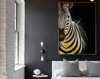 Animal painting acrylic, zebra, wall art, big painting, modern,dark painting, black painting,scandi bedroom,modern side table,dark blue wall