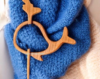 Whale Handcrafted Wooden Shawl Pin, Eco Friendly Wood Brooch for Cardigans & Scarves, Clover Scarf Pin, Sustainable Jewelry