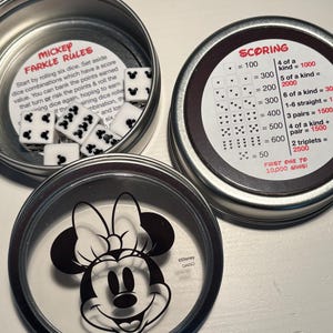 New!!! Mickey Minnie Mouse Farkle Game! Perfect travel size in a tin, excellent DCL Fish Extender FE Gift! Also a MAGNET!