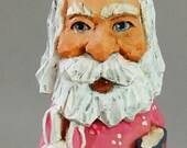 Carved Santa Claus, Wood Carving, Vintage Style Carving, Santa in Pink PJs Holding Bunny Book with Bunny Slippers SA81 6.5 X 2 X 2