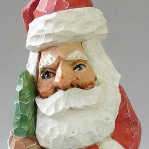 Santa Claus Wood Art, Hand Carved, Vintage Style Wood Carving, Santa Holding Tree Carved In SA148 5” X 2” X 2”