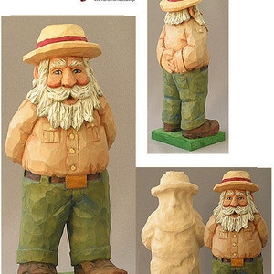 May include: A wooden carving of a Santa Claus wearing a hat and a brown shirt with green pants. The carving is on a green base. The text "Carving Undercover Santas Wood Carving Pattern Book" is visible in the image. The text "This book can be purchased at: www.foxchapelpublishing.com/carving-undercover-santas.html" is also visible in the image.