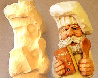 Tallado en madera en bruto, Papá Noel Chef Bajito, madera de tilo en bruto - Listo para tallar – 6.5” x 3” x 3”