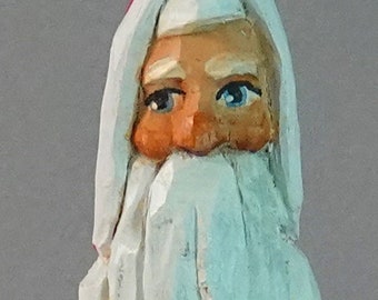 Carved Santa Claus, Wood Carving, Vintage Style Wood Carving, Hand Carved, Old World Santa Holding Stick SA87 9” X 1.5” X 1.5”