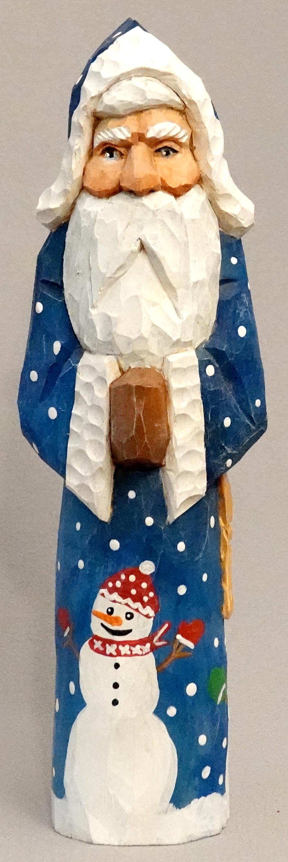 Handcrafted Santa Décor, Unique Christmas Carvings, Original, Blue Coat Old World Santa with Snowman Pattern on Coat SA16 8.5” X 2” X 2”
