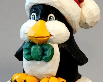 Festive Wood Carvings, Artisan Holiday Collectibles, Santa Art, Traditional Figurines, Penguin on Base Wearing a Red Hat SA13 5” X 3” X 3”