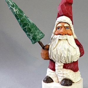 Christmas figure, Hand Carved Original, Santa Claus, Old Word Santa on White Base Holding a Tree SA131 8” X 3” X 3”