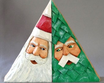 Figura navideña, Original tallada a mano, Arte de madera de Papá Noel, Papá Noel, Papá Noel Wedgie de árbol y Caras de árbol SA84 7" X 4" X 1" x 2