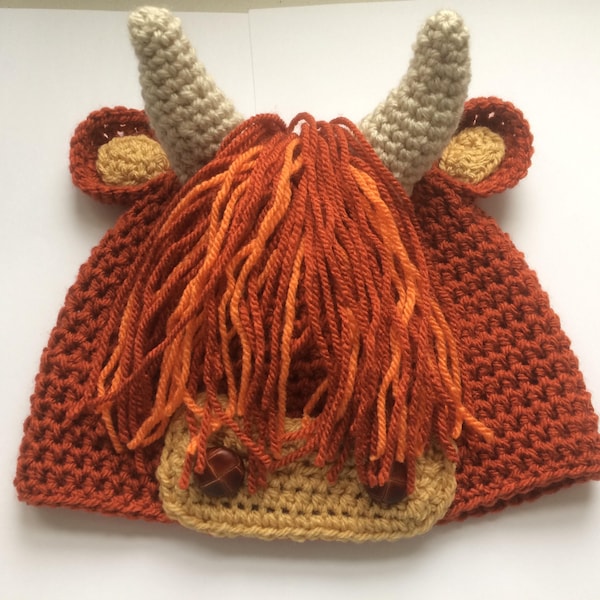 Handmade crochet Scottish Highland Cow Scotland gift Heilan Coo beanie hat made in the Cairngorms