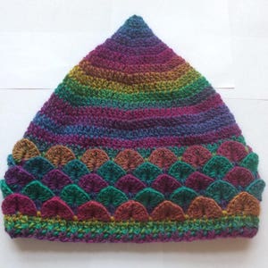 Handmade crochet pixie hat baby to adult size crocodile stitch dragon scale mermaid shell  multicoloured dragon scale fairy elf