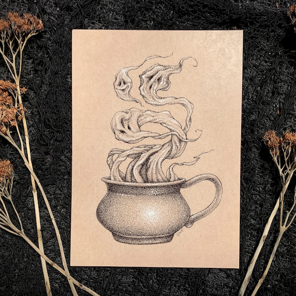 Wicked Brew — Art Print — Ghost Tea Gift — Haunted Coffee Illustration — Dark Academia Witch Cafe — Gothic Cauldron Potion — 5x7, 8x10