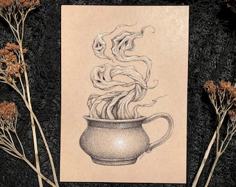 Konsttryck med Wicked Brew – Spökte, gotisk kaféillustration
