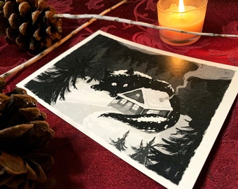 Yule Cat Art Print – Icelandic Christmas Folklore, Winter Night