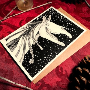 Mari Lwyd Karten — Weihnachtspferd — Wintersonnenwende Monster — Gothic Alternative Grußkarte — Schädel Weihnachtskarte — Walisische Folklore — A7