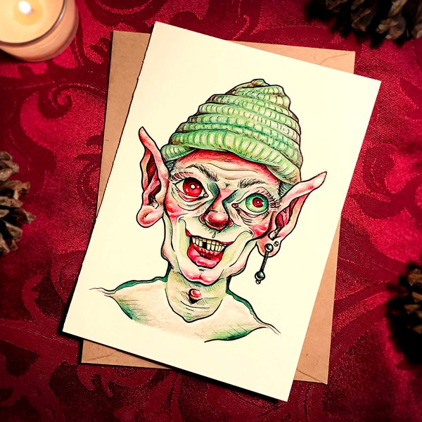 Crazy Elf Cards— Punk Christmas Gift — Red and Green Weird Elves — Alternative Greeting Card Packs — Funny Santa's Helper Holiday Cards — A7