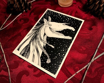 Mari Lwyd Art Print – Welsh Folklore Horror Christmas Illustration