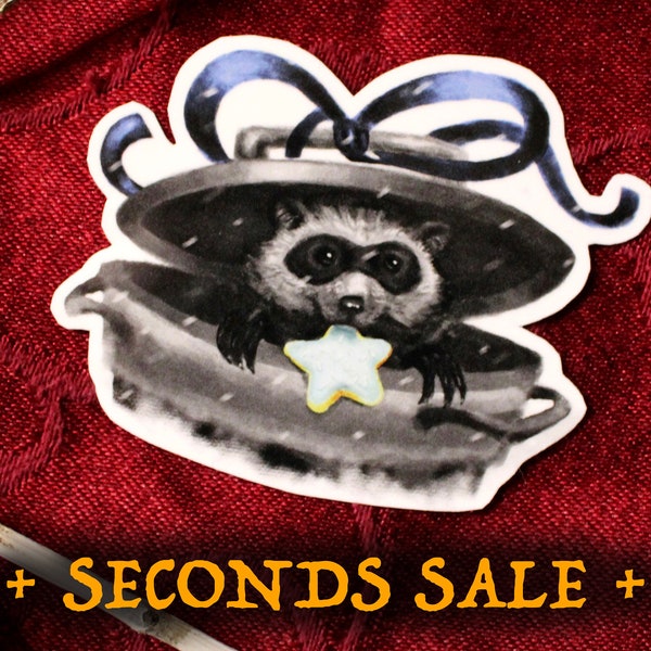 SECONDS: Winter Raccoon — B-Grade Stickers — Yule Gifts — Weird Xmas — Trash Panda Stocking Stuffer — Waterproof for Laptop, Phone, Journal