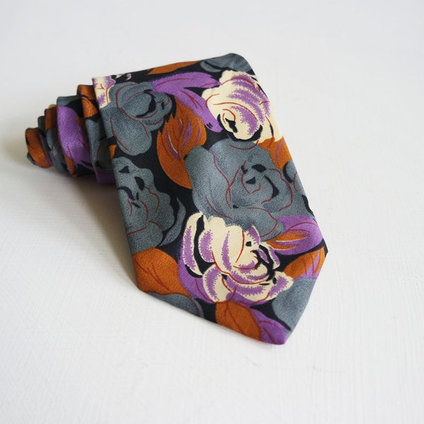 Vintage gray, tan, and purple floral Italian silk rose tie