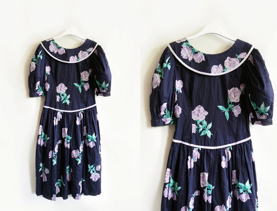 Vintage 80's Kathryn Conover dress lilac and navy… - image 1