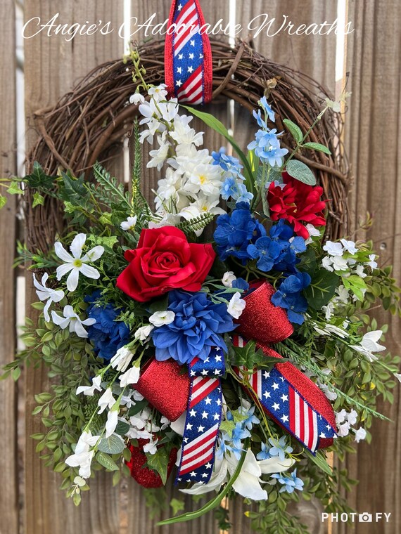 Patriotic Wreath Red White and Blue Floral Wreath Etsy