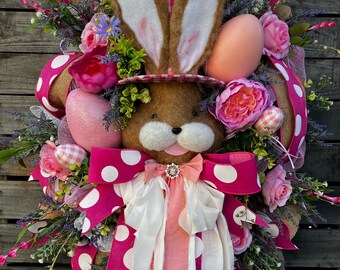 Easter Wreath, Rabbit Wreath,Spring Wreath,Pink Wreath, Bunny Wreath, Floral Wreath