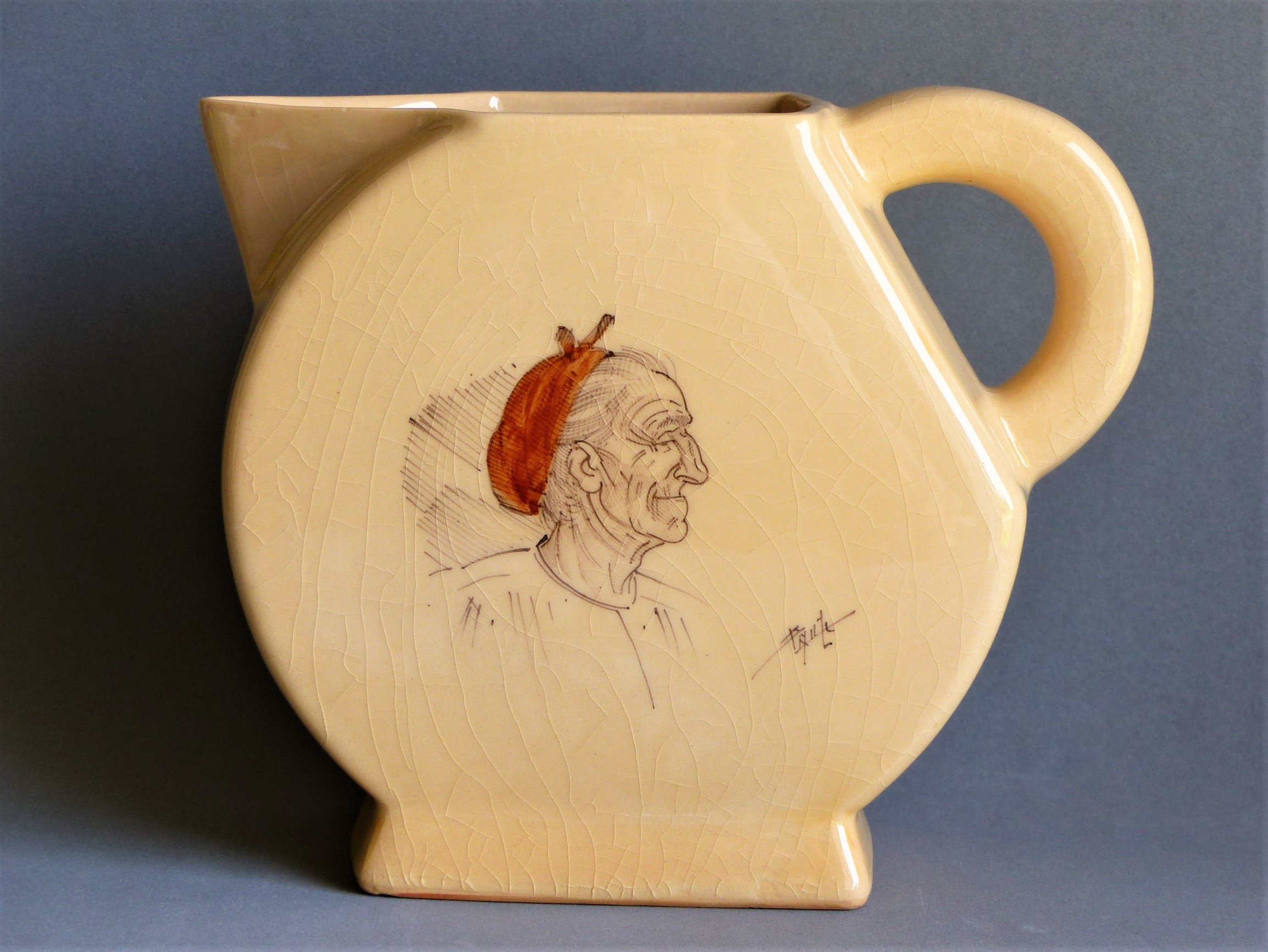 Rare Français Cru Hand Painted Pitcher, Milk Jug, Water Country Kitchen Rustic Drink Ware, Anniversa