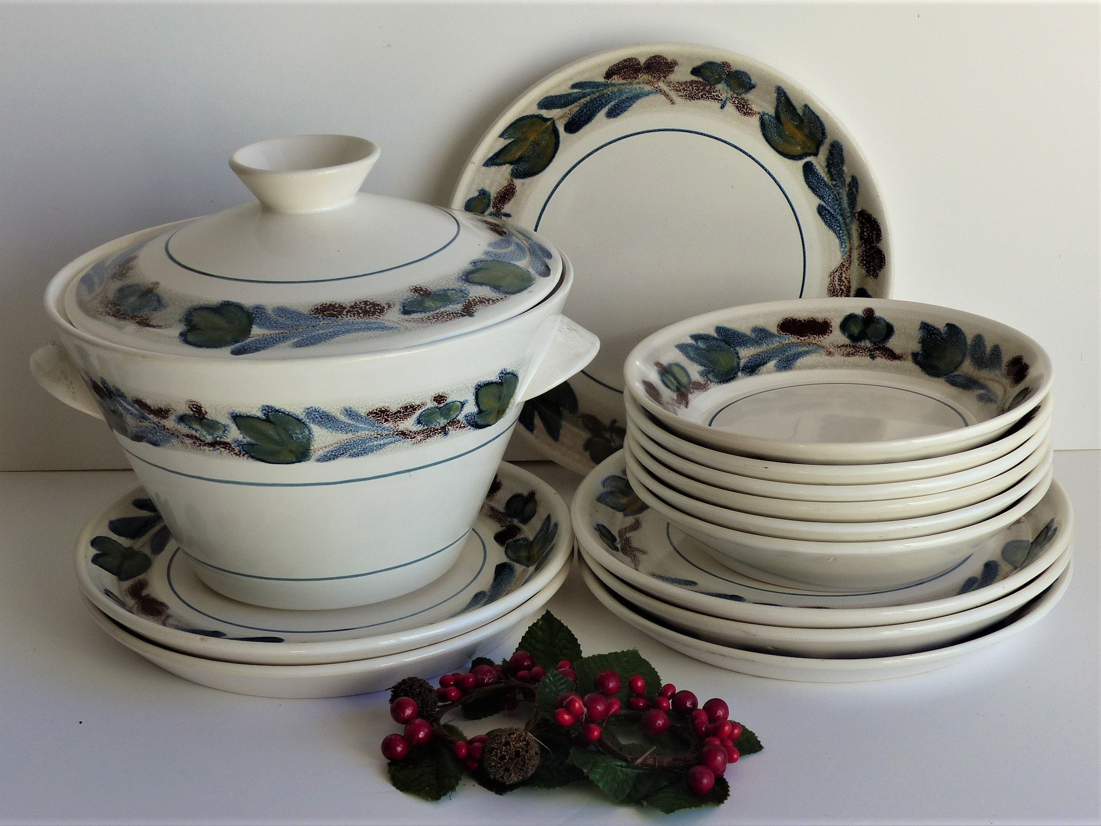 1970's Français Dinnerware Set, Set Of 6 Soup Bowls & Or Dinner/Holding Plates, Hand Painted Dinner 