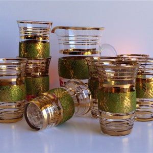 French Vintage Pitcher with 8 Glasses, Green & Gold Rimmed Liquor Set, 1960s Glassware, CHRISTMAS GIFT, Fruit Juice Glasses and Jug
