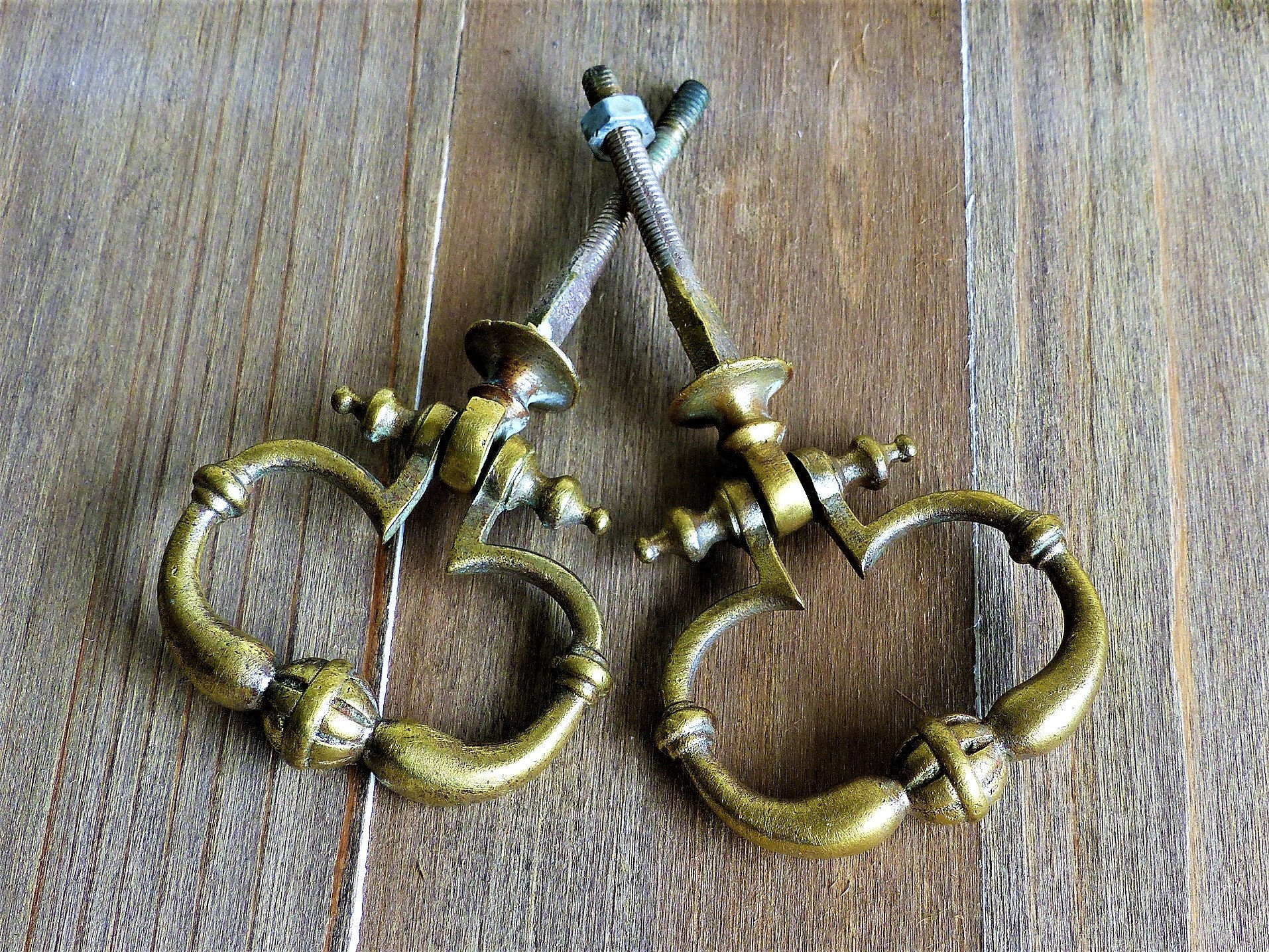 Vintage Solid Brass Articulated Door Pulls, Old Français Handles, Cupboard Knobs, Rustic Home Decor,