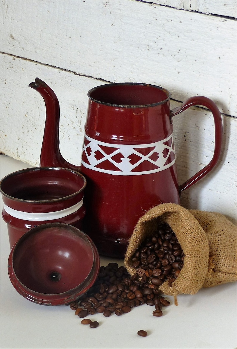 Vintage Pour Over Coffee Pot Vintage Enamelware Coffee Pot FRENCH. Melted Chocolate Brown Enamelware Coffee Pot Collectible Enamelware