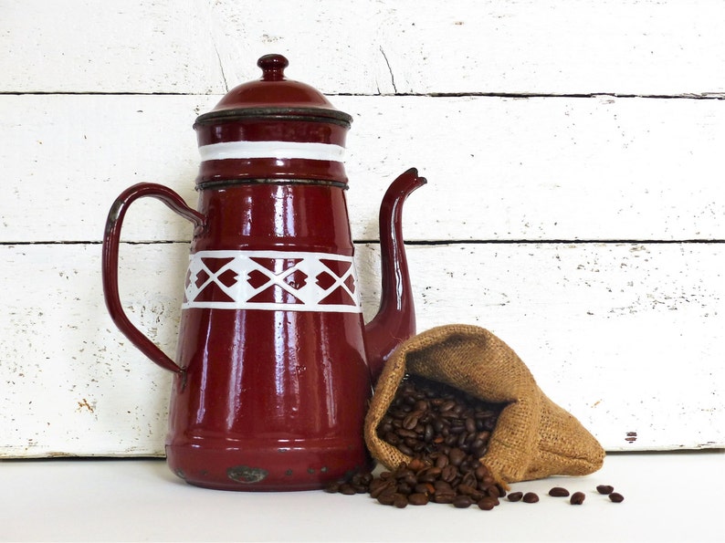 Vintage Pour Over Coffee Pot Vintage Enamelware Coffee Pot FRENCH. Melted Chocolate Brown Enamelware Coffee Pot Collectible Enamelware