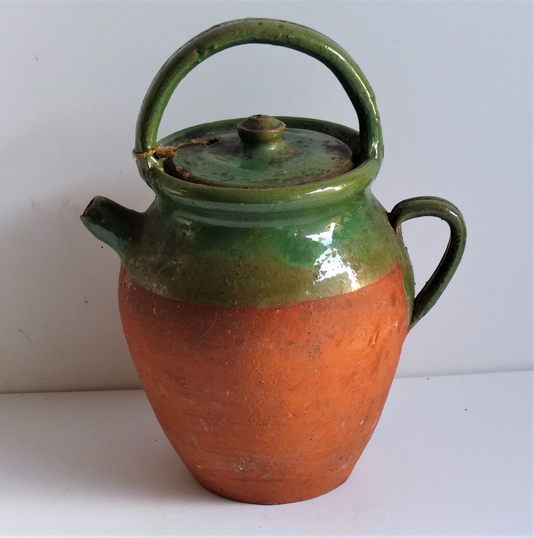 Pichet de Vinaigre Vintage Français, en Grès Émaillé Vert, Mijoteuse Argile, Pichet Vinaigre, Ferme 