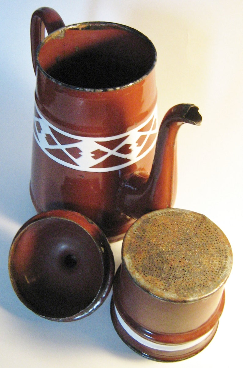 Vintage Pour Over Coffee Pot Vintage Enamelware Coffee Pot FRENCH. Melted Chocolate Brown Enamelware Coffee Pot Collectible Enamelware