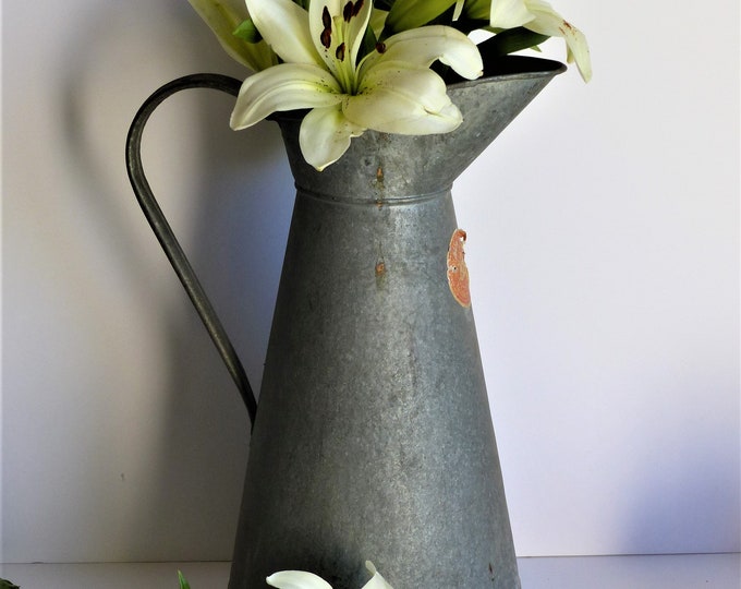 French Vintage Galvanised Steel Pitcher, Florist Shop Flower Decor, Garden Metal Pitcher