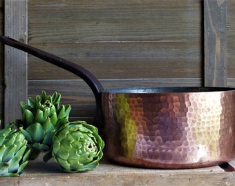 Vintage Copper Saucepan, French Tin Lined Copper Pan, Large Copper Cooking Pot, Copper Cooking Pan, Farmhouse Kitchen, 2 mm Thick, French,
