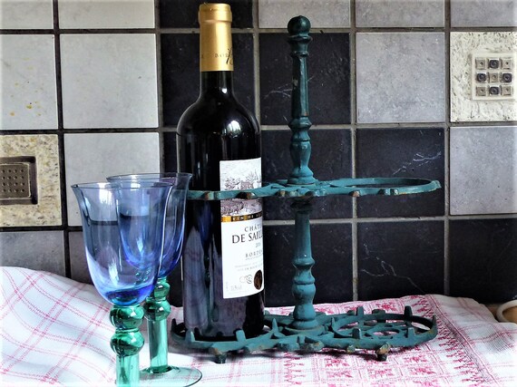 French Vintage Wine Bottle Holder, Green Cast Iron Bottle Holder, Kitchen Utensil Holder, Water Bottle Holder, FATHERS DAY GIFT,